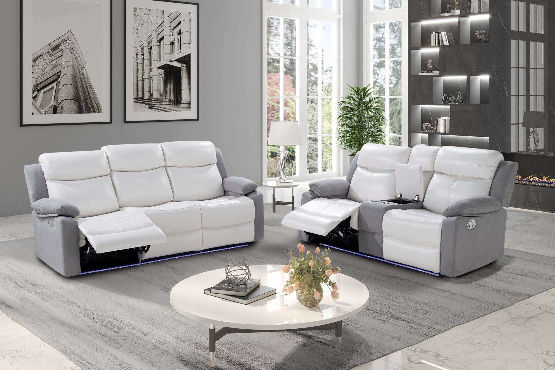 A living room with two blue couches and a coffee table.