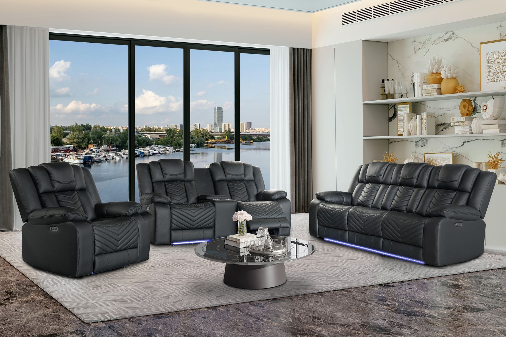 A living room with a couch , two chairs , and a coffee table.