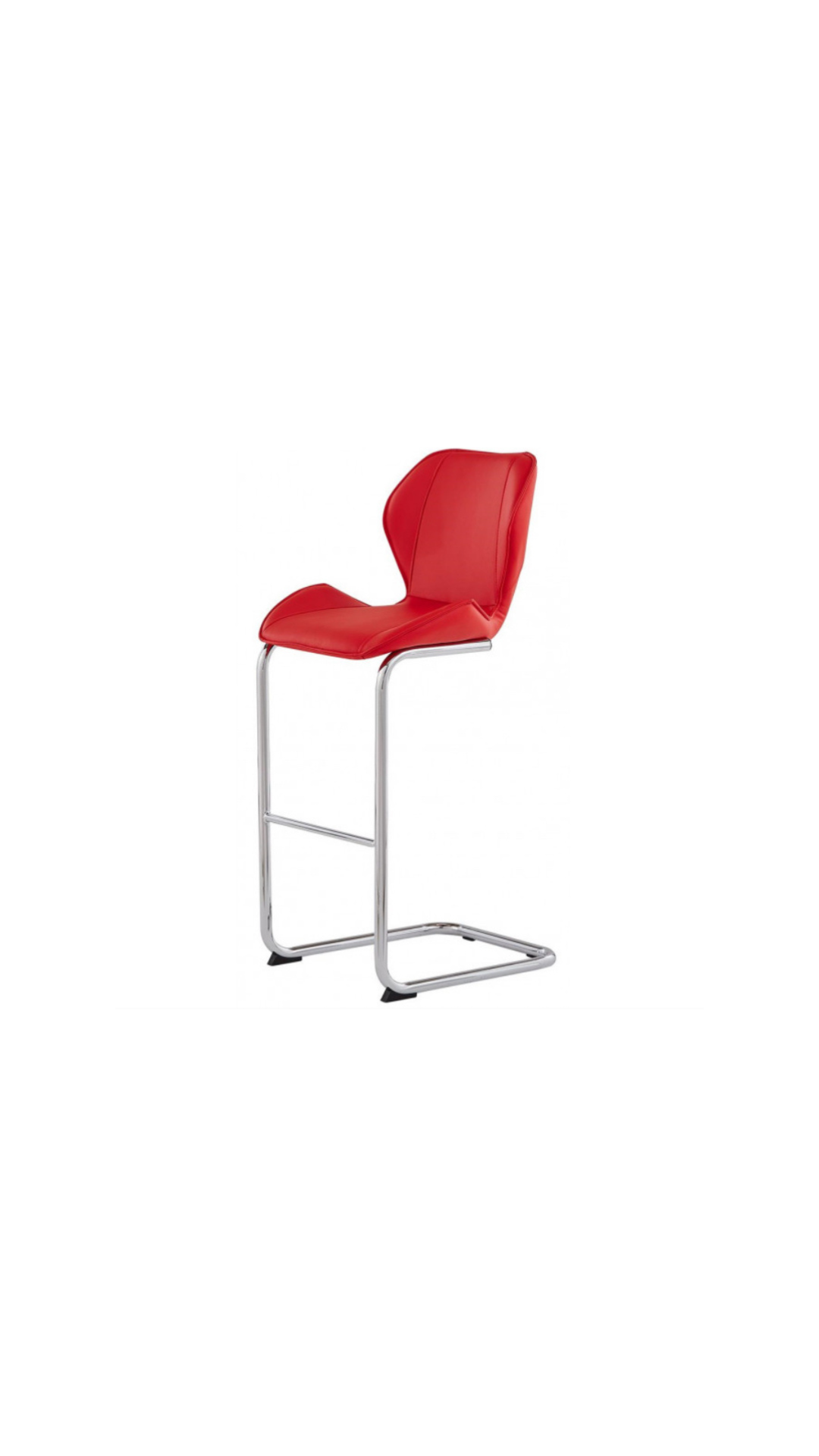 A red bar stool with a chrome frame on a white background.