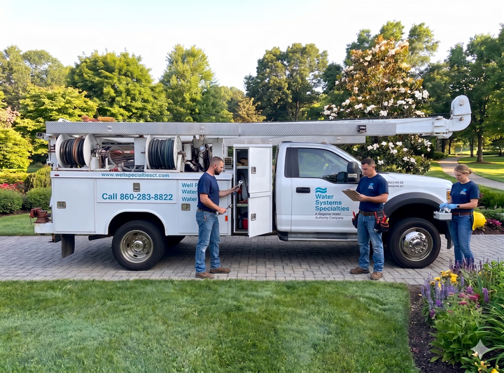 A group of men are standing in front of a white van.
