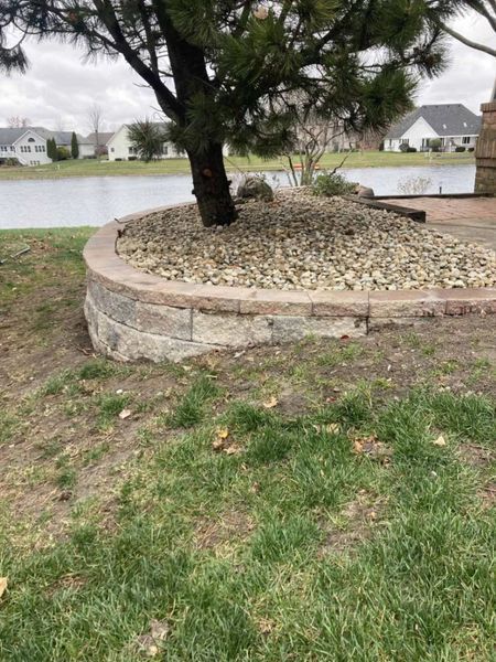 Tree in a rock bed with a retaining wall on a grassy lawn near a lake and houses.