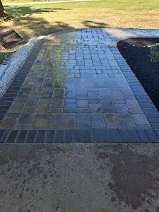 Brick pathway leading to a grassy area; dark pavers with darker border, wet concrete steps.