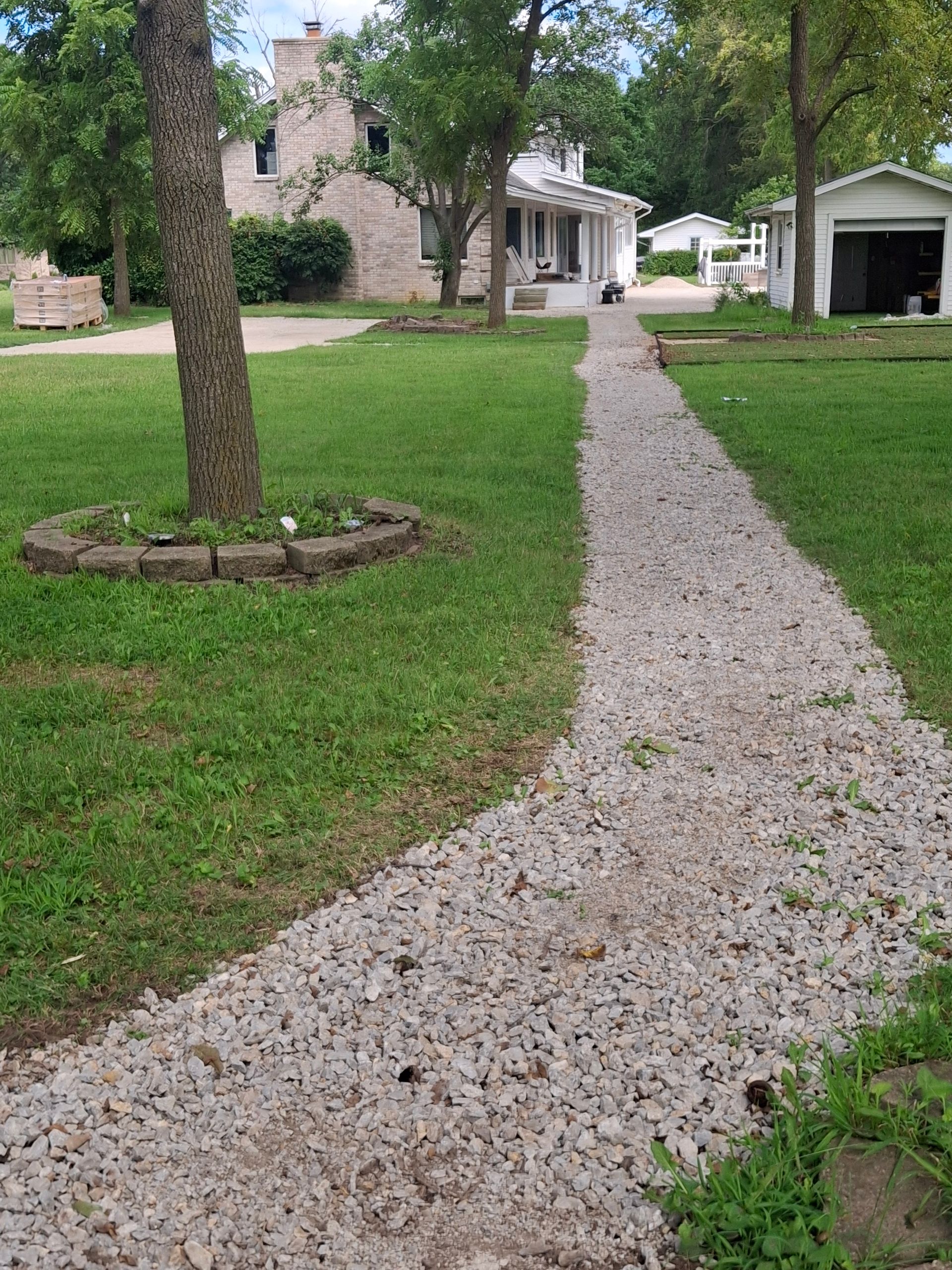 Gravel path leading from the camera to a light-colored house with a white porch, green grass on either side.