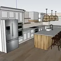 A 3d rendering of a kitchen with stainless steel appliances and a wooden island.