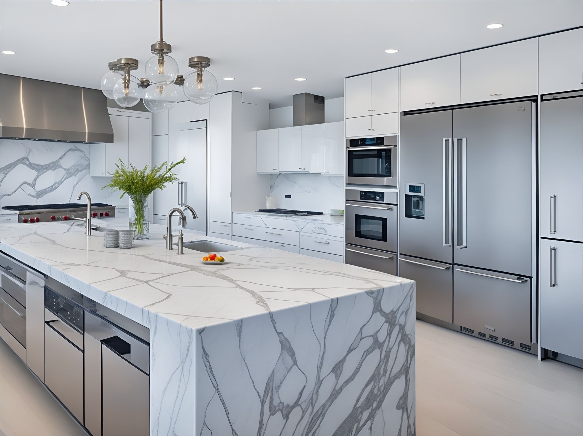 Modern white kitchen with marble countertops, stainless steel appliances, and a central island.