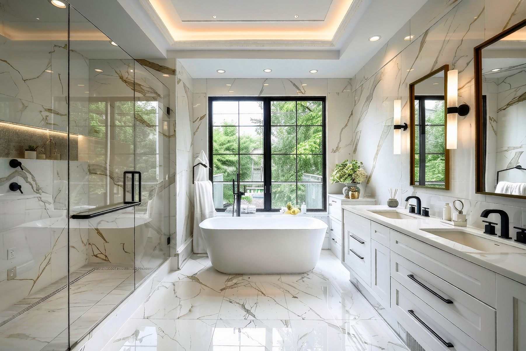 Luxurious white marble bathroom with a freestanding tub, glass shower, and large window.
