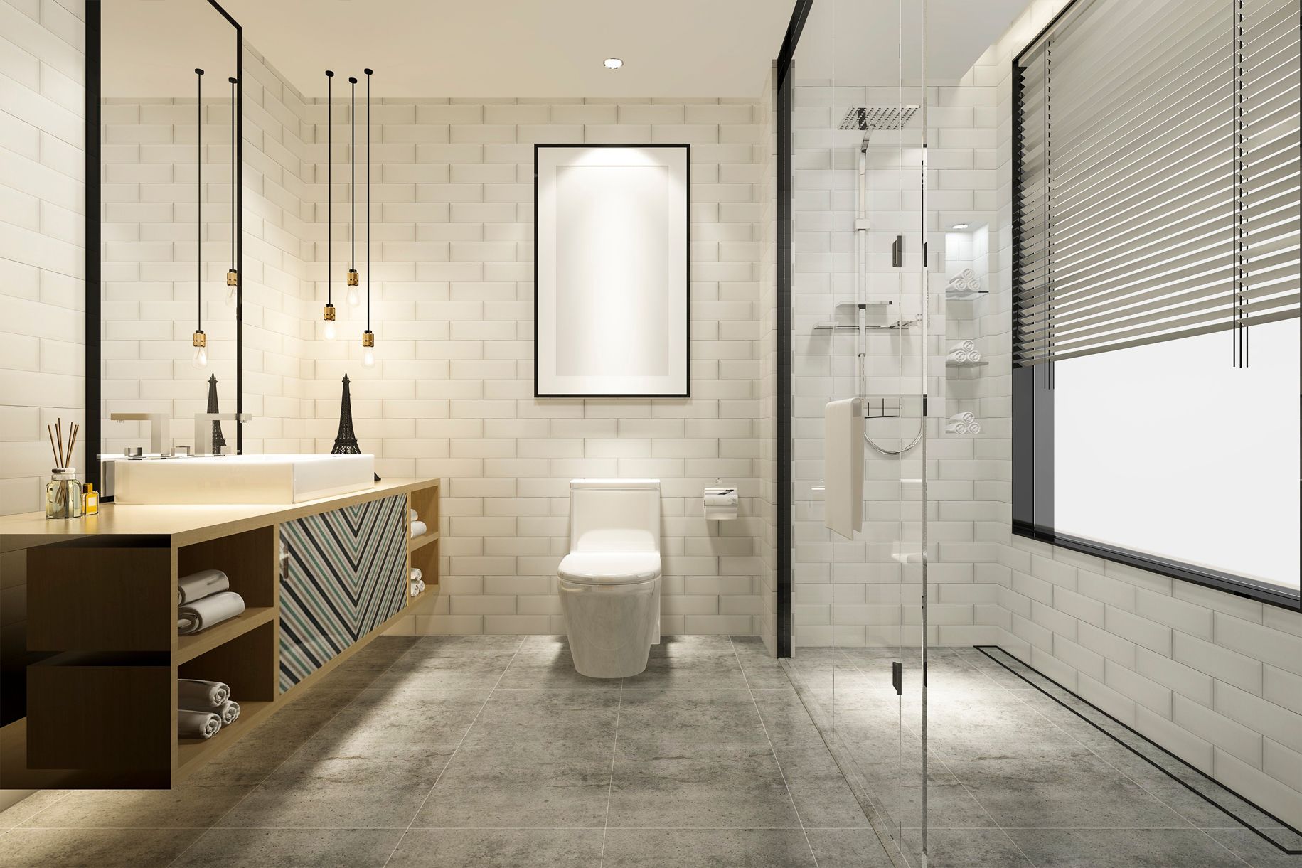 Modern bathroom with white subway tile, a shower, and a large window with blinds.