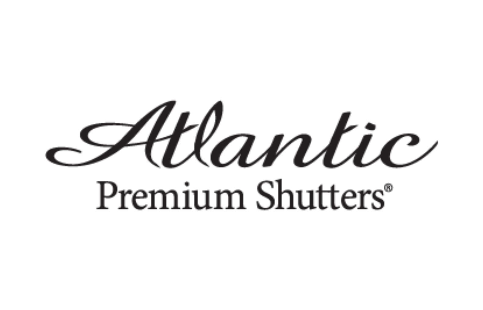 The logo for Atlantic Premium Shutters features the brand name in elegant script and serif fonts on a white background.