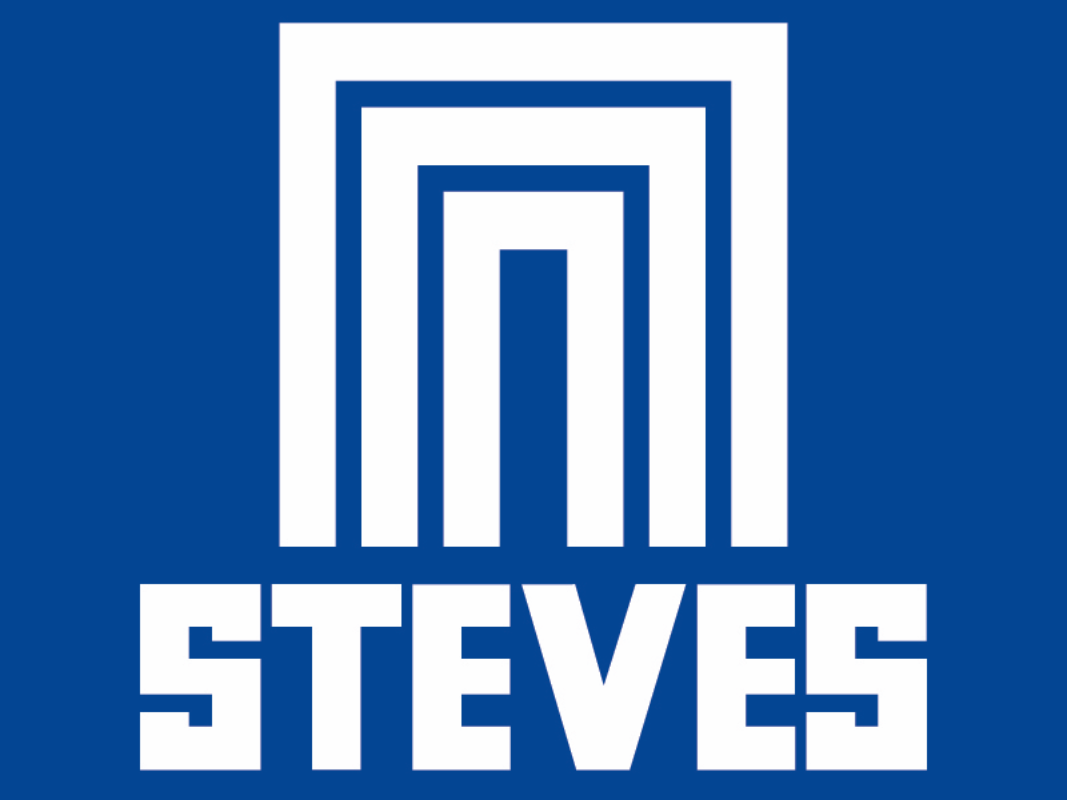 Blue logo with white geometric doorway icon above the word “STEVES”