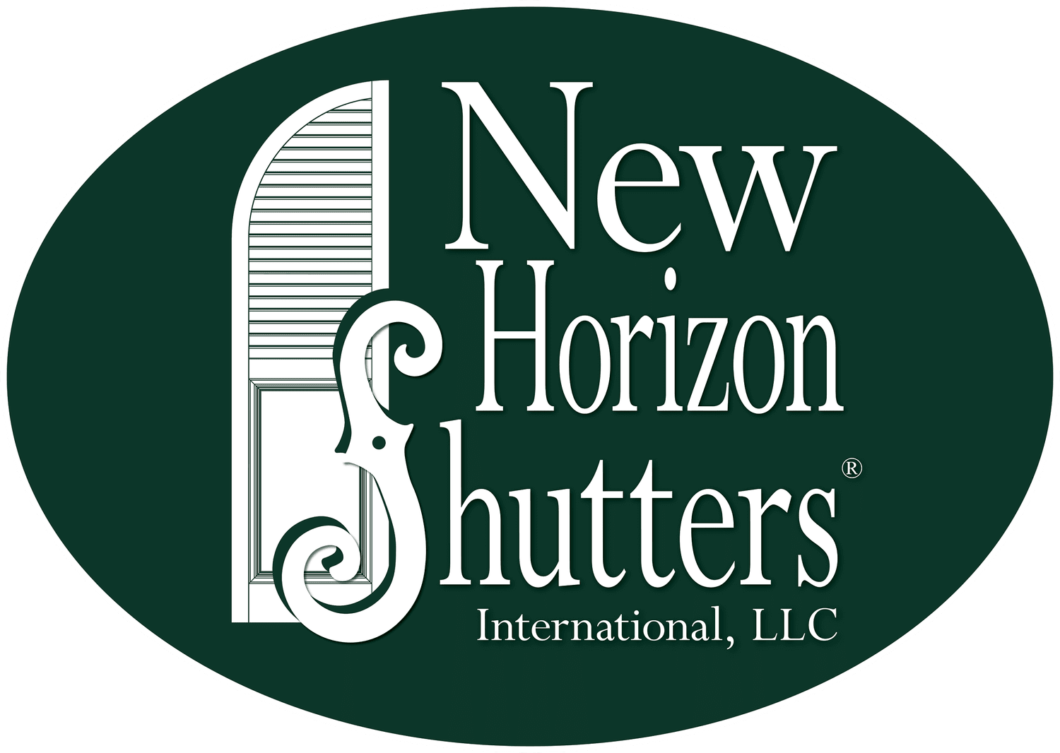 New Horizon Shutters International, LLC logo in white on a dark green oval background
