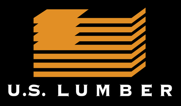 U.S. Lumber logo with orange stacked lumber graphic on a black background