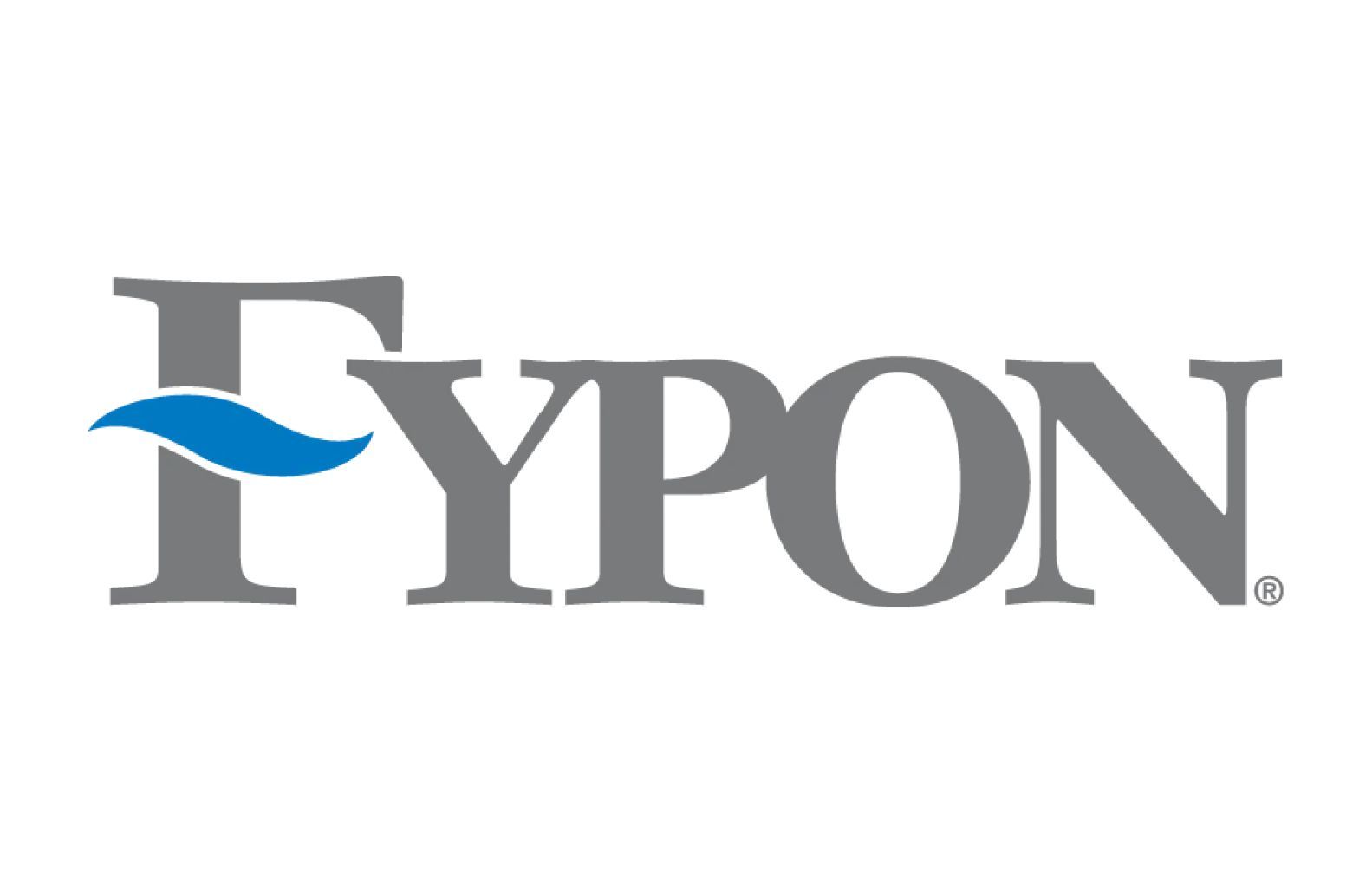 The Fypon company logo, featuring gray text with a blue, curved, wave-like shape accenting the capital letter F.