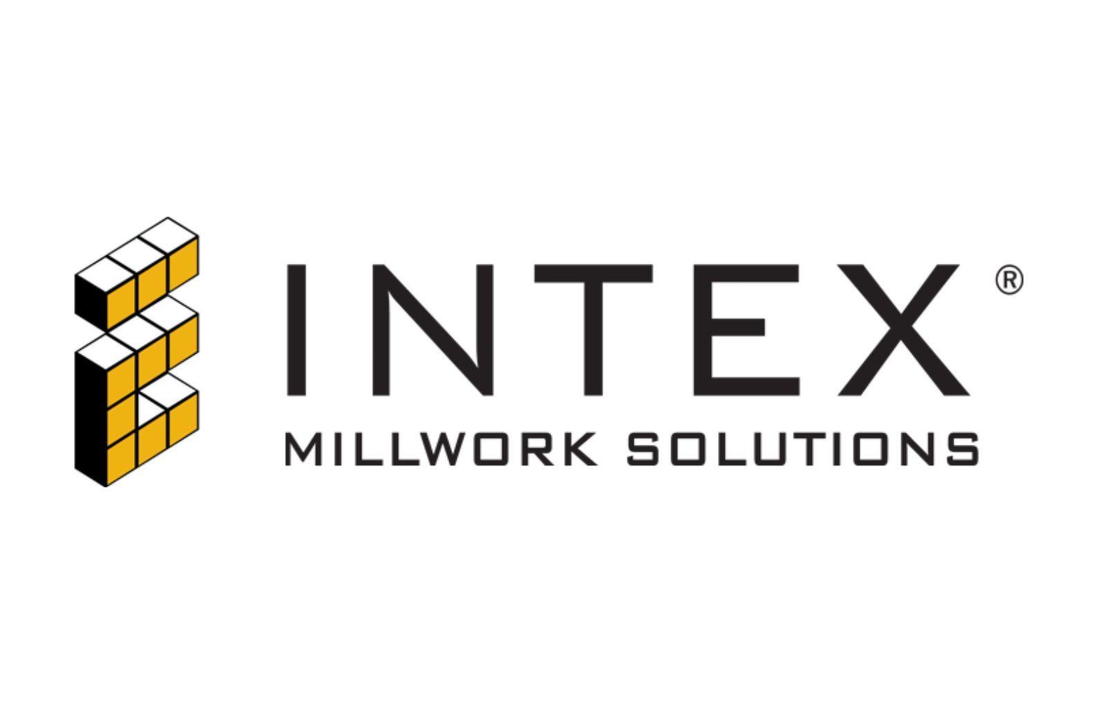 Logo for Intex Millwork Solutions, featuring a geometric yellow and black E-shaped icon next to the brand name in black.