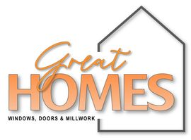 Logo for Great Homes featuring the text "Great HOMES" in orange, subtext "WINDOWS, DOORS & MILLWORK," and a house outline.