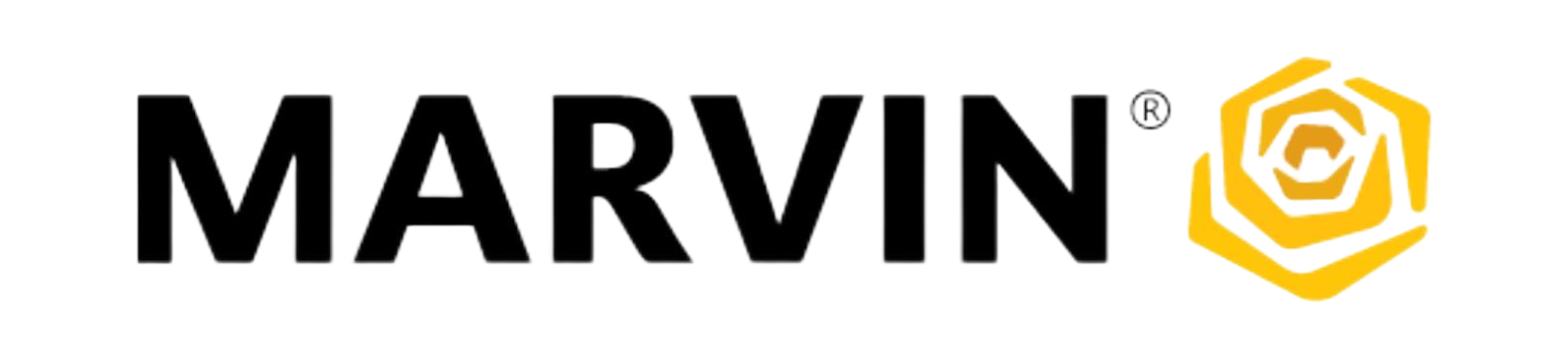 MARVIN logo in black text with a yellow geometric icon on a white background