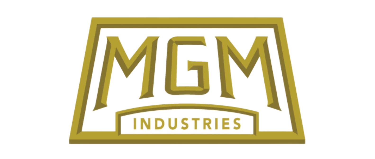 MGM Industries logo in gold and white, with stylized letters inside a trapezoid outline.