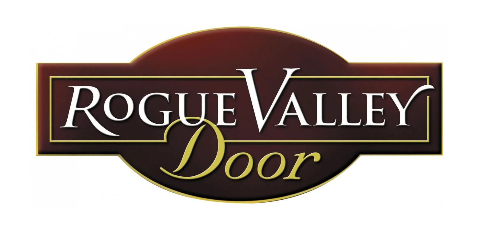 Rogue Valley Door logo in white and gold on a maroon oval and rectangular background