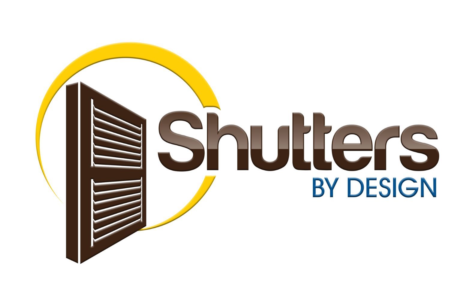 Logo for Shutters by Design featuring a brown louvered shutter icon inside a yellow crescent arc.