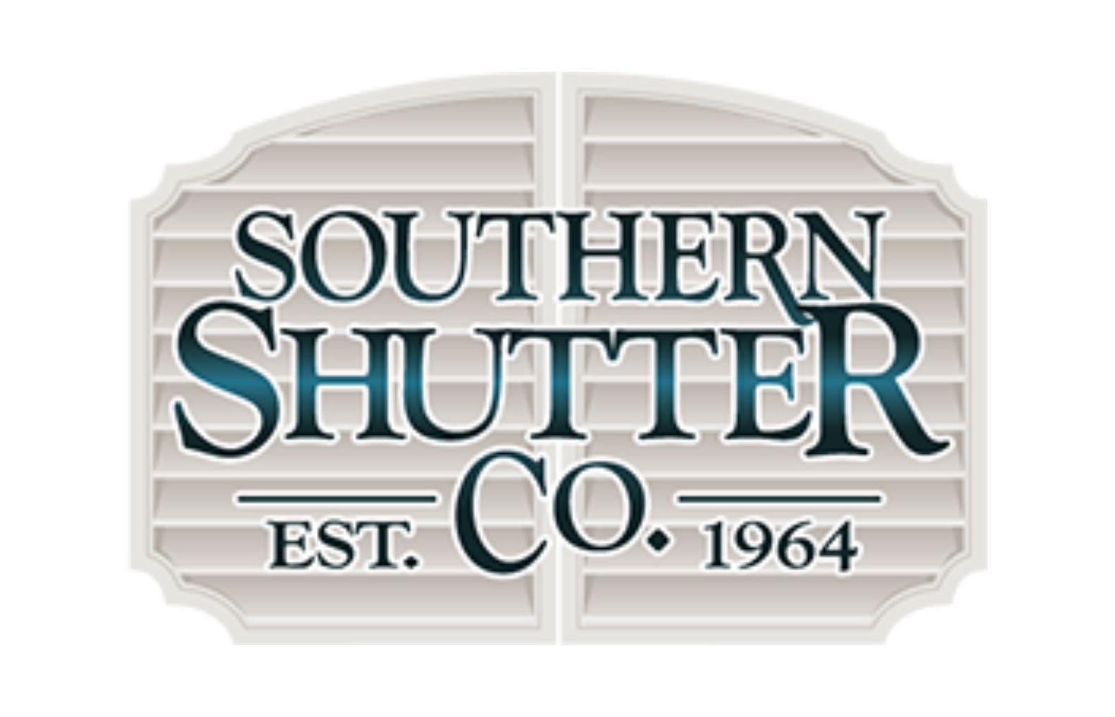 Logo for Southern Shutter Co. featuring the text over a stylized image of two light-colored window shutters.