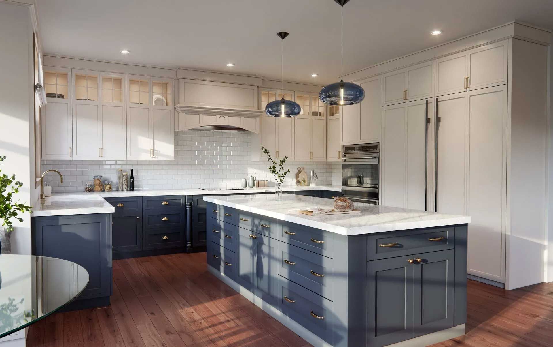 Modern kitchen with white and navy cabinets, large island, and wood floors.
