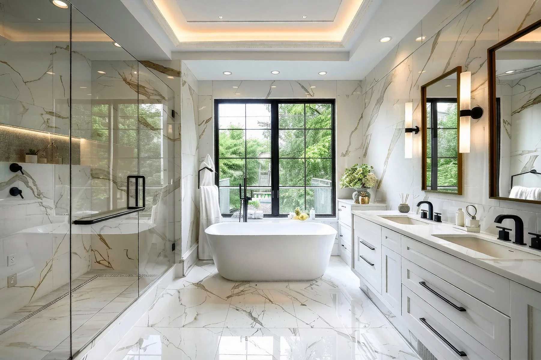 Luxurious white marble bathroom with a freestanding tub, large window, and double vanity.