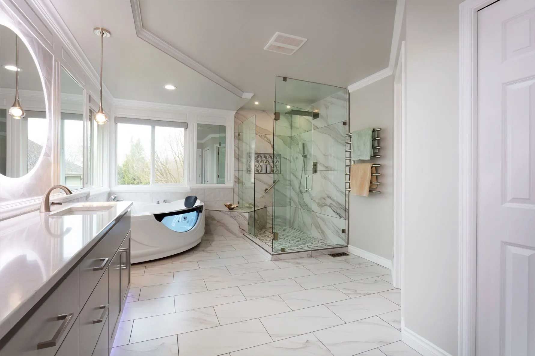 Luxurious white bathroom with a tub, shower, and double vanity.