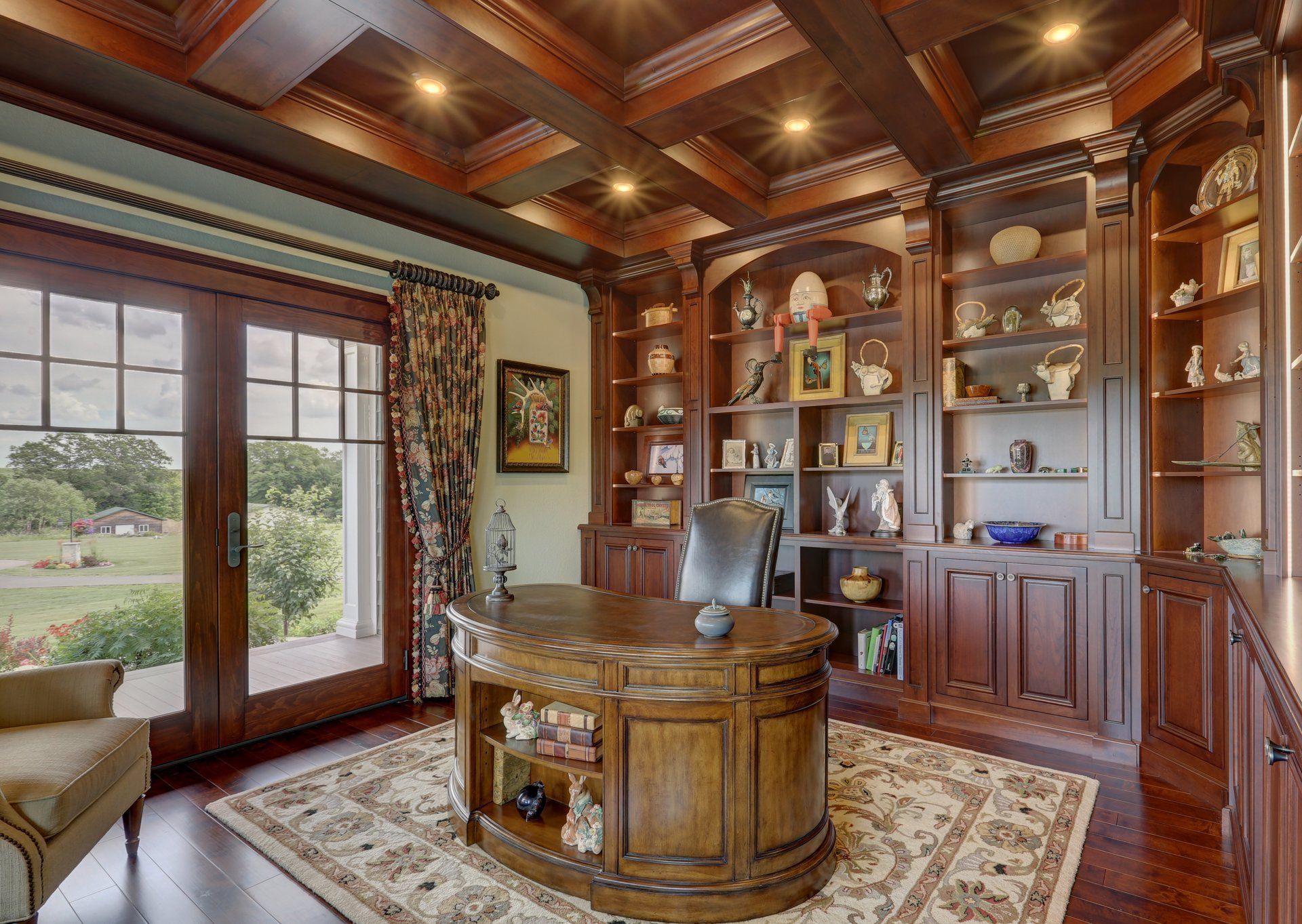 A home office with a wooden desk and shelves