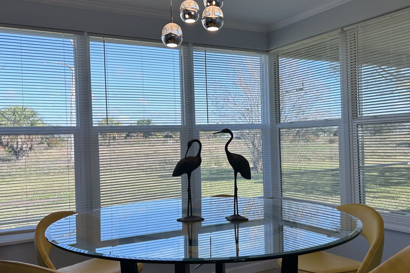 A dining room with a glass table and two birds on it.