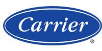 Carrier logo in white script on a blue oval background