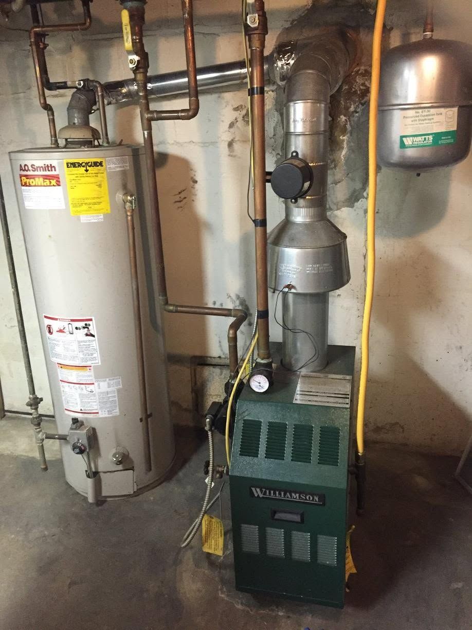 Utility room with a water heater, furnace, pipes, and a ducted vent system.