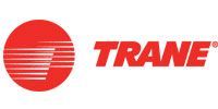 TRANE logo in red with a striped circular emblem on a white background
