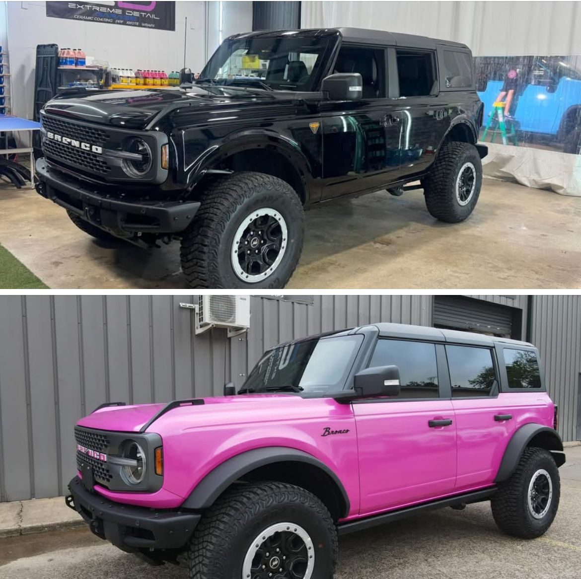 A black ford bronco and a pink ford bronco are parked next to each other.