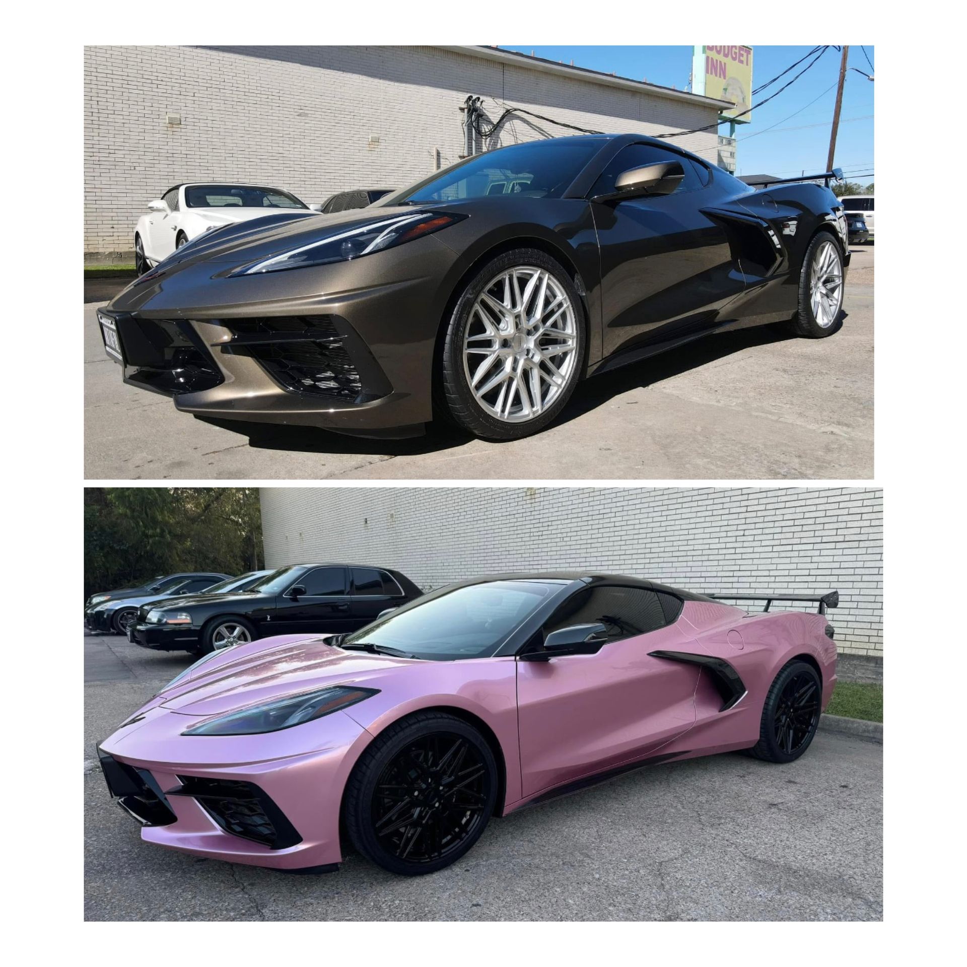 A black corvette and a pink corvette are parked next to each other.