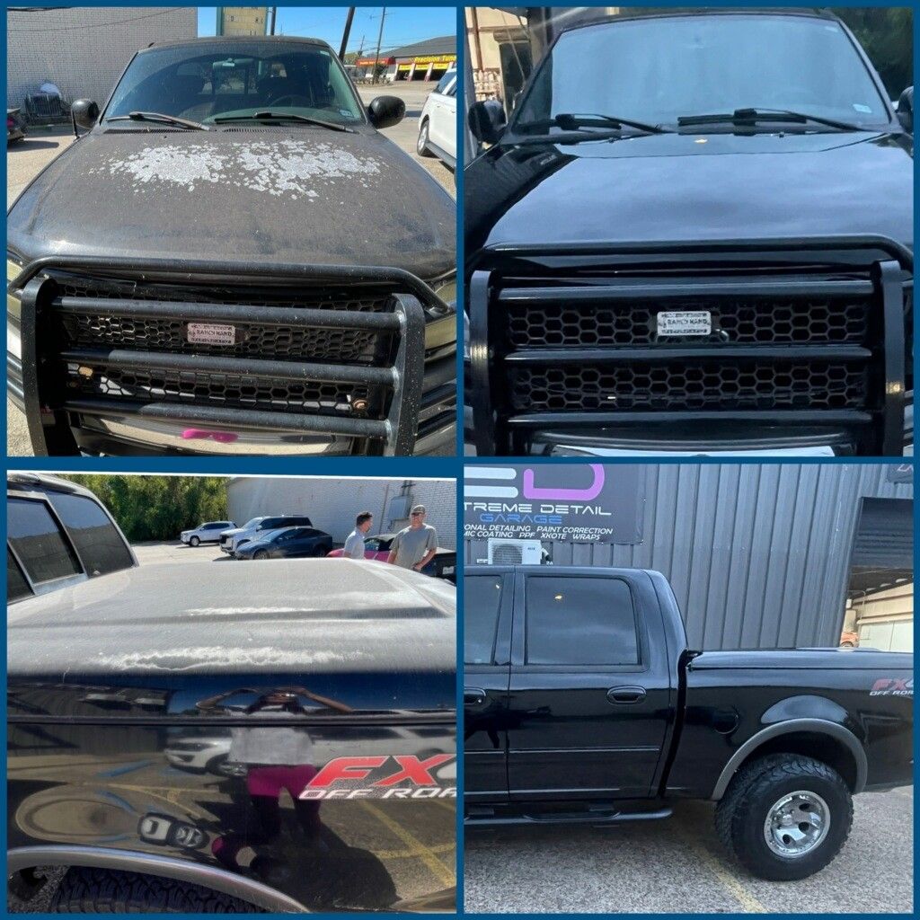 A collage of four pictures of a black truck