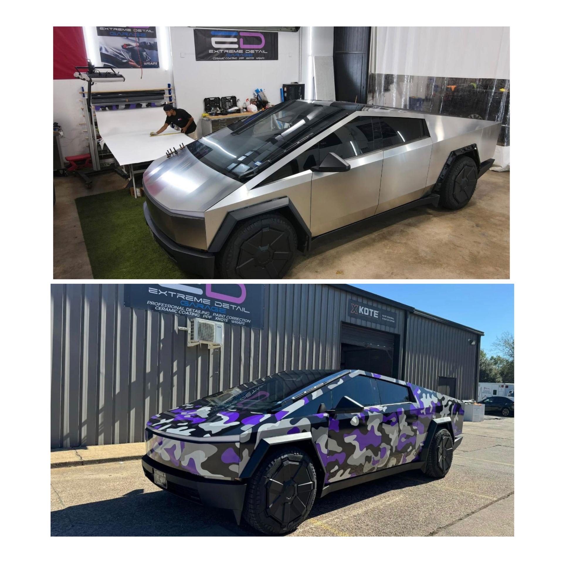 A tesla cybertruck is being wrapped in purple camo