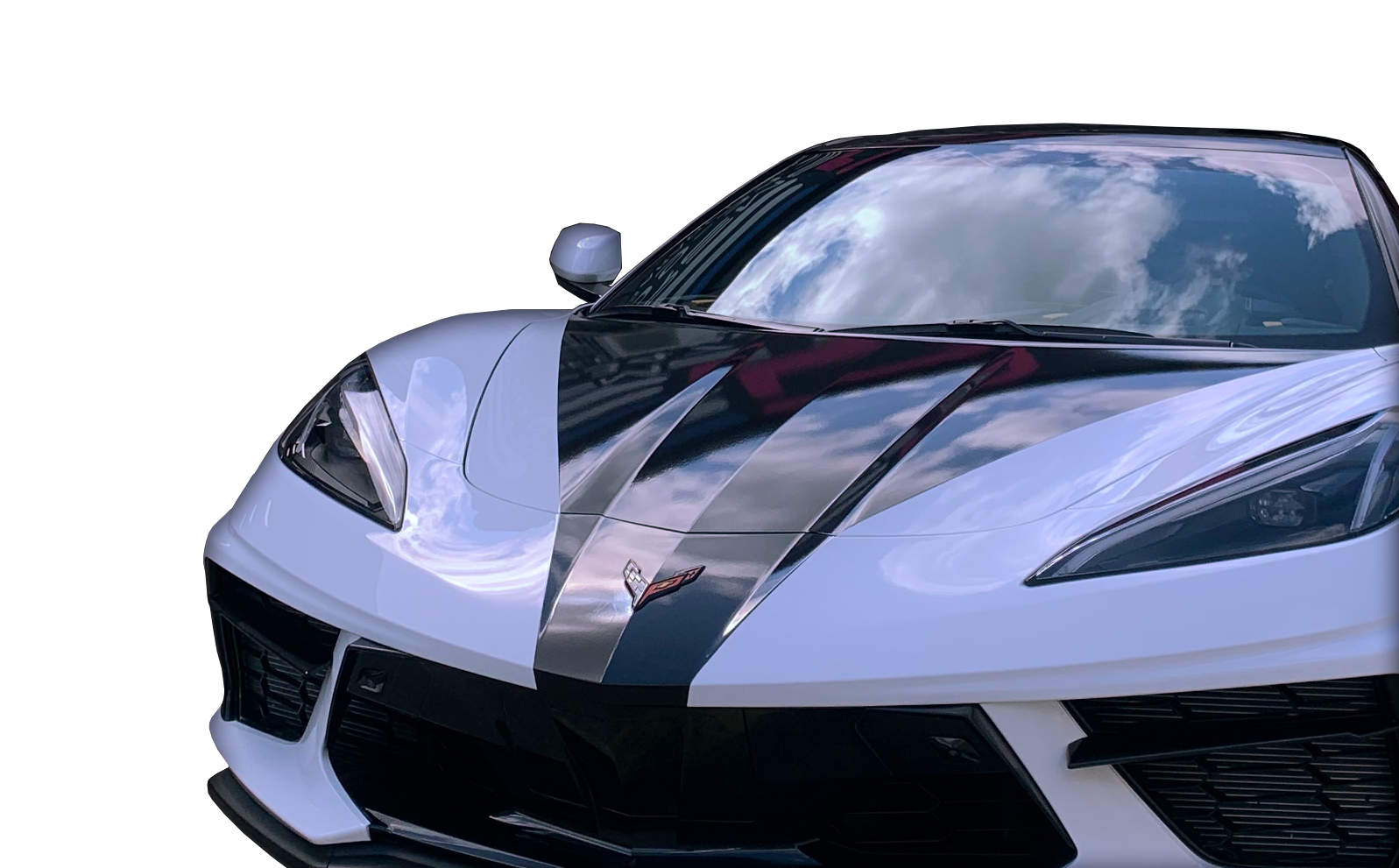 A white sports car with a black stripe on the hood is on a white background.