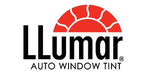 The logo for llumar auto window tint has a red sun on it.