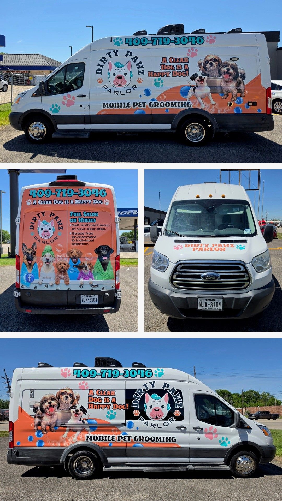 Wrap-covered white van with colorful cartoon graphics shown from multiple angles in a parking lot