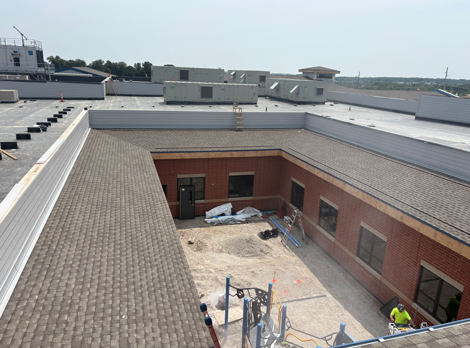 An aerial view of a building under construction