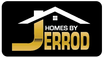 A gold, stylized letter J shaped like a house, with the text "HOMES BY ERROD" in white and gold on a black background.