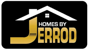 A gold, stylized letter J shaped like a house, with the text "HOMES BY ERROD" in white and gold on a black background.