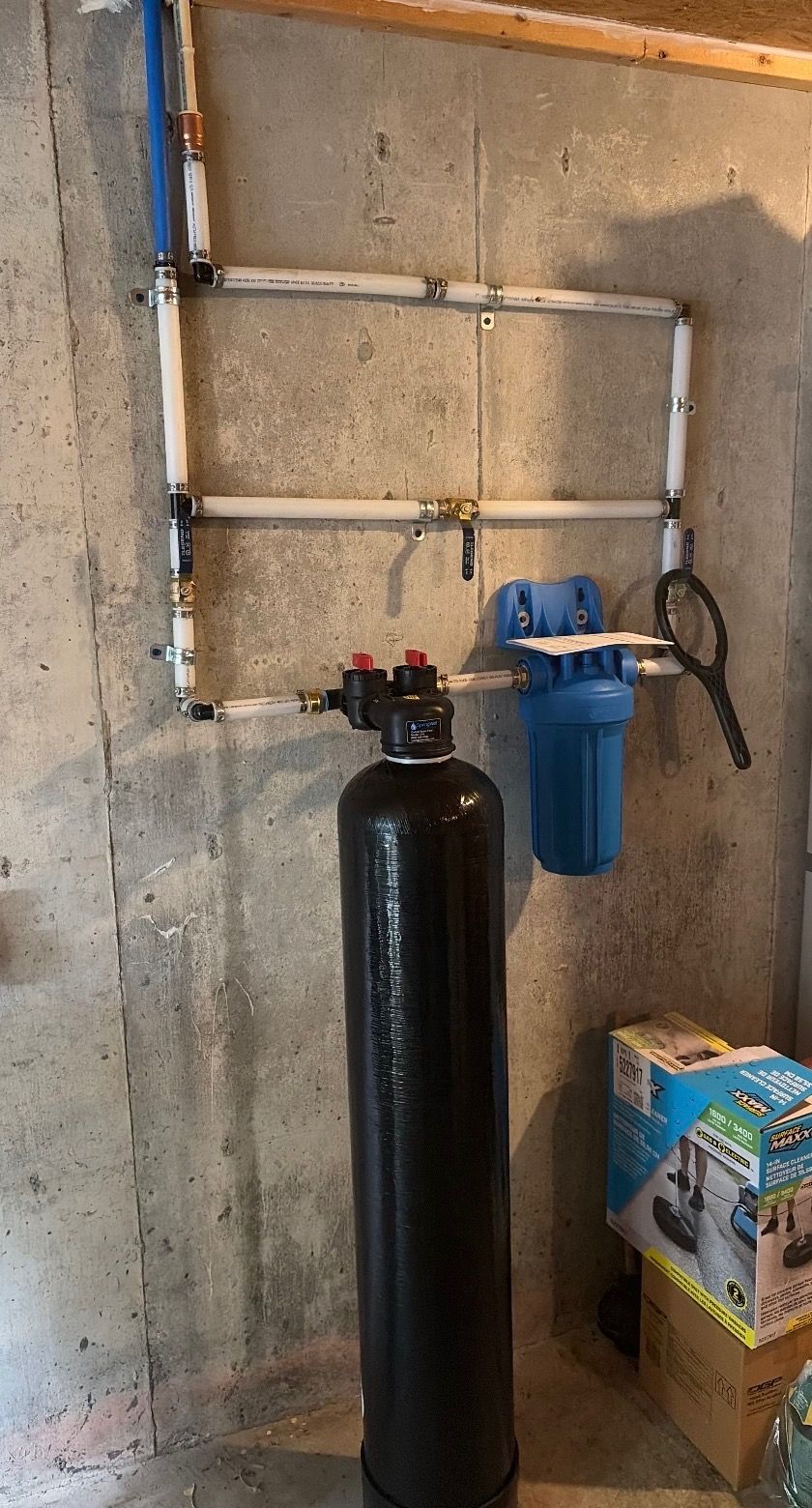 Black tank and blue water filter mounted on a basement concrete wall with exposed white piping.