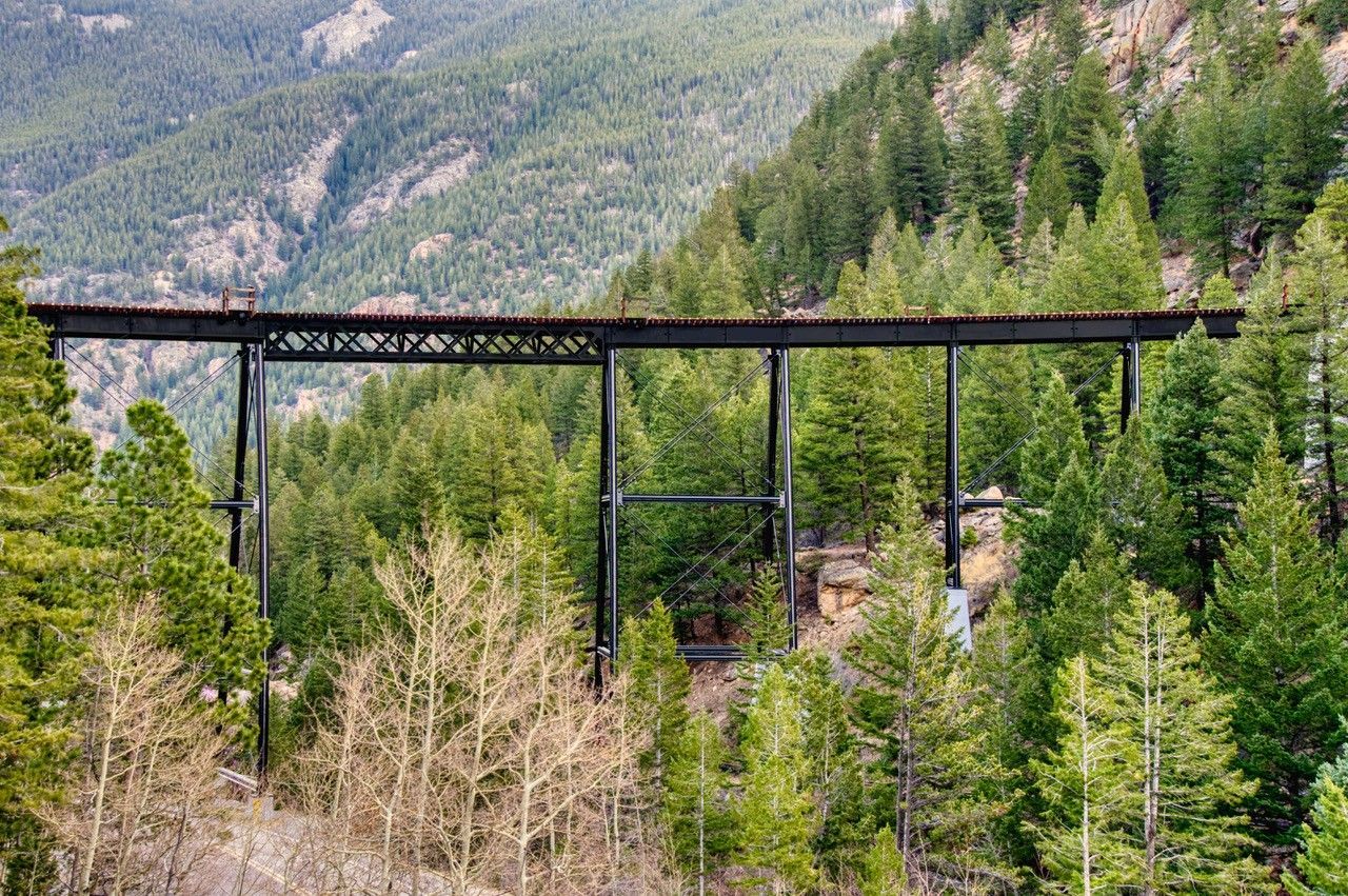 Tall railway bridge crossing a forested mountain valley with green trees and a hillside backdrop.