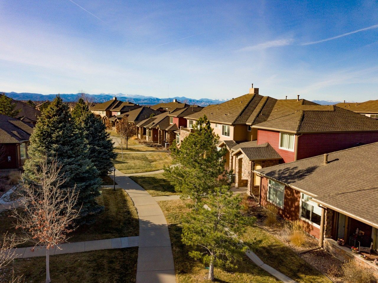 Sunlit suburban neighborhood with houses, trees, and a winding path under a blue sky.