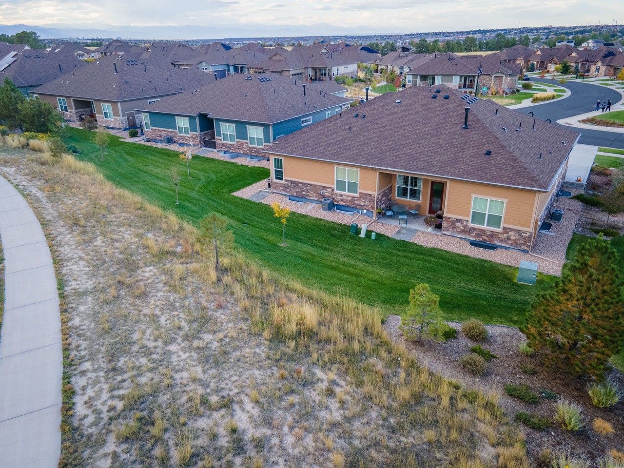 Aerial view of a suburban neighborhood with single-story houses, lawns, and a curving street.