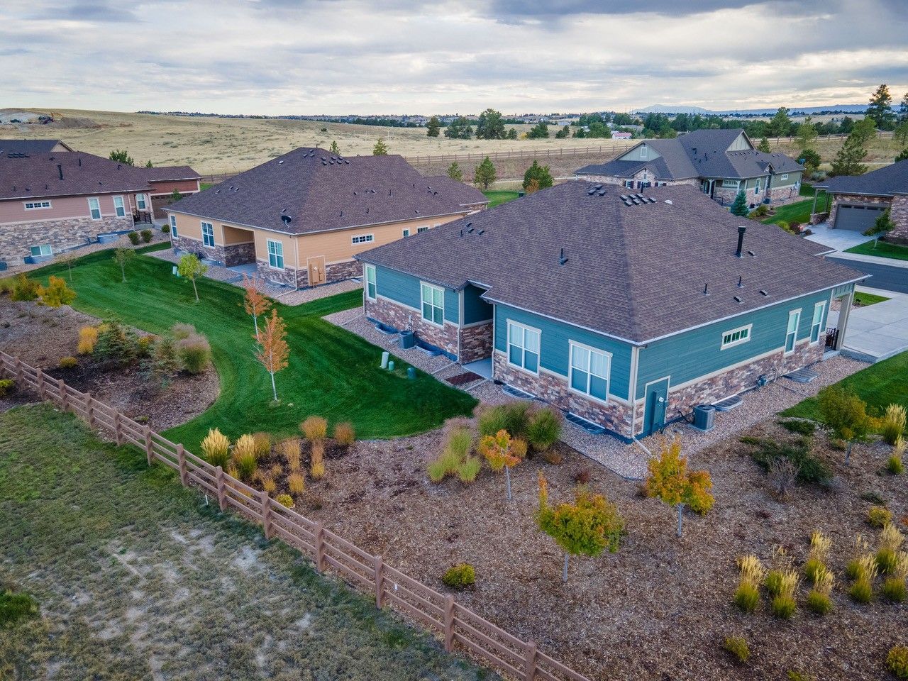Aerial view of suburban houses with green lawns and landscaped yards under a cloudy sky.