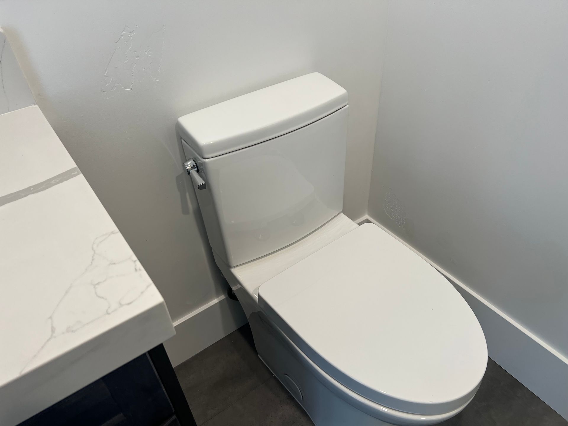 A white toilet is in a bathroom next to a sink.