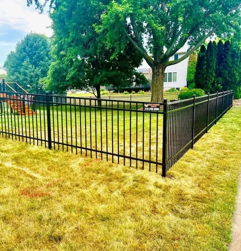Black metal fence around a grassy yard with a large tree and house in the background.