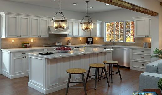 Bright modern kitchen with white cabinets, island, pendant lights, stools, and a window above the sink