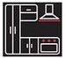 Stylized floor plan with white outlines, a red bed, a pink lamp, and small furniture on a black background